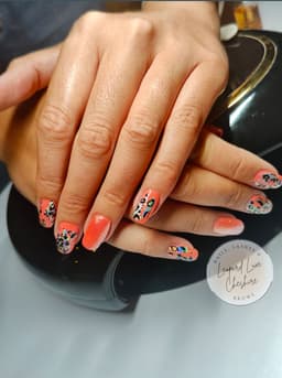 Neon orange with cracked leopard print foil, plus glitter