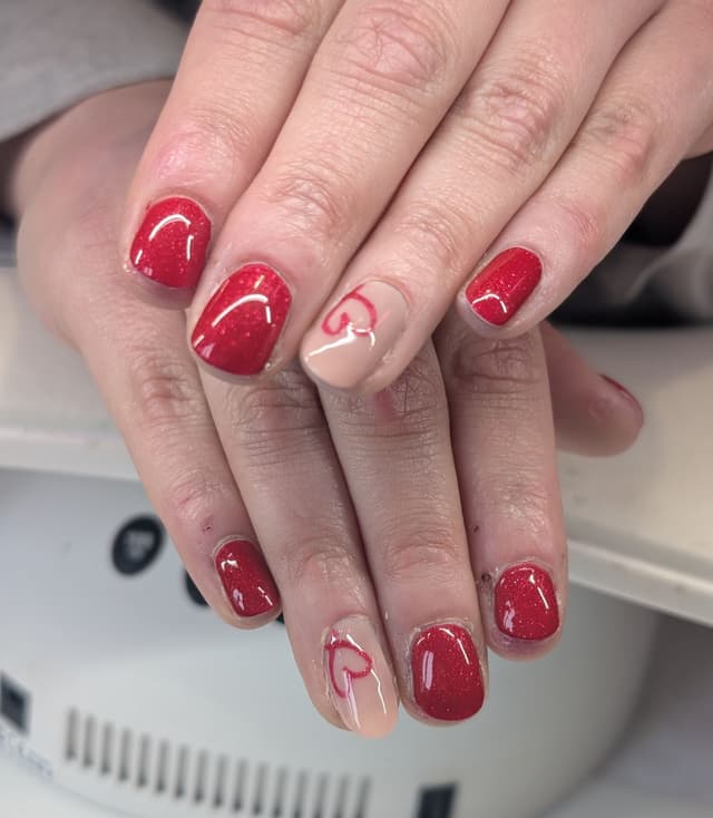 Hard gel overlay with valentine's nail art