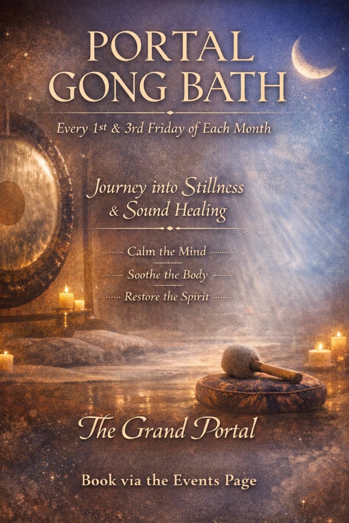 From Friday 20th February we welcome Odette to the Portal for her Gong bath session..
You will be guided into stillness as waves of sound move through the body, calming the nervous system, clearing mental noise, and restoring inner balance. Each session is a unique journey — no two are ever the same.
This is a space to lie down, be held by sound, and allow the body to remember how to soften.
🌀 Suitable for beginners and seasoned sound travellers alike.
🕯 Please arrive a few minutes early to settle in.
💫 Limited spaces to preserve the intimacy of the luxury chamber.