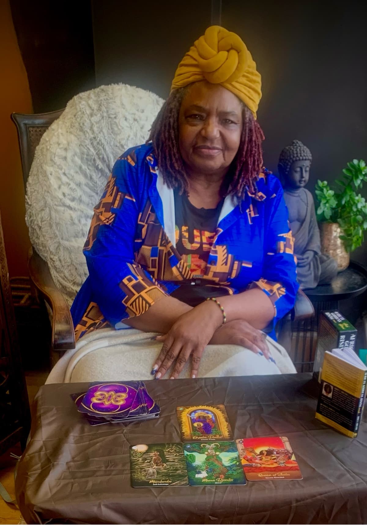 **Goddess Erica Maureen** 
For over ten years, Erica has devoted herself to exploring the wisdom of African goddesses from across the African continent and its diaspora. Her work blends art, storytelling, and spiritual guidance through Oracle card readings.
Alongside offering readings, Erica also creates her own original Oracle decks inspired by the Divine Feminine in African traditions. Her work is rooted in remembrance — honouring spiritual stories and goddess energies that have often been overlooked or forgotten.
Through her readings, Erica invites these powerful feminine voices back into the present, offering insight, reflection, and guidance for those seeking clarity on their path.
1st & 3rd Saturday every month.