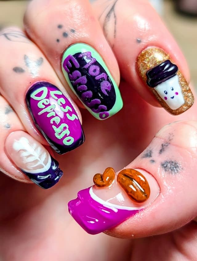 Bold 3D coffee themed hard gel nails