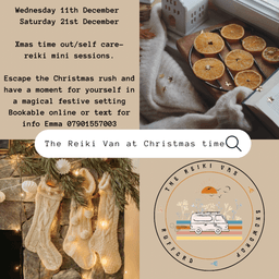 Christmas specials available on website. On Wednesday 11th December and on Saturday 21st December from midday until 8pm I will be hosting some special cost Christmas themed visits in the Reiki Van. Enjoy a mulled wine or hot chocolate whilst you relax in the festive and peaceful space, aswell as some reiki we will do some oracle cards and you will leave with a goal setting/ affirmation kit and crystal.