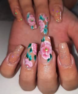 Acrylic nail set with hand painted one-stroke flowers